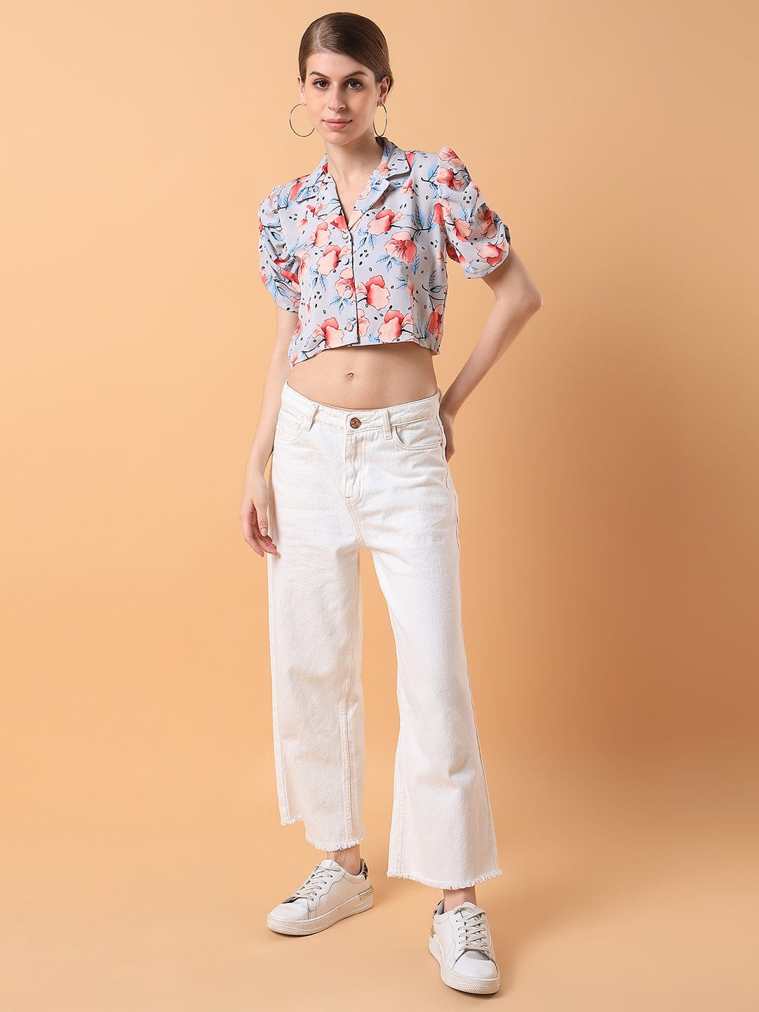 Women's Grey Lapel Collar Cotton Top