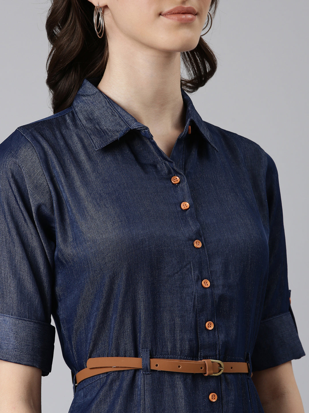 Women's Navy Blue Shirt Collar Roll-Up Sleeves Shirt Dress With Belt