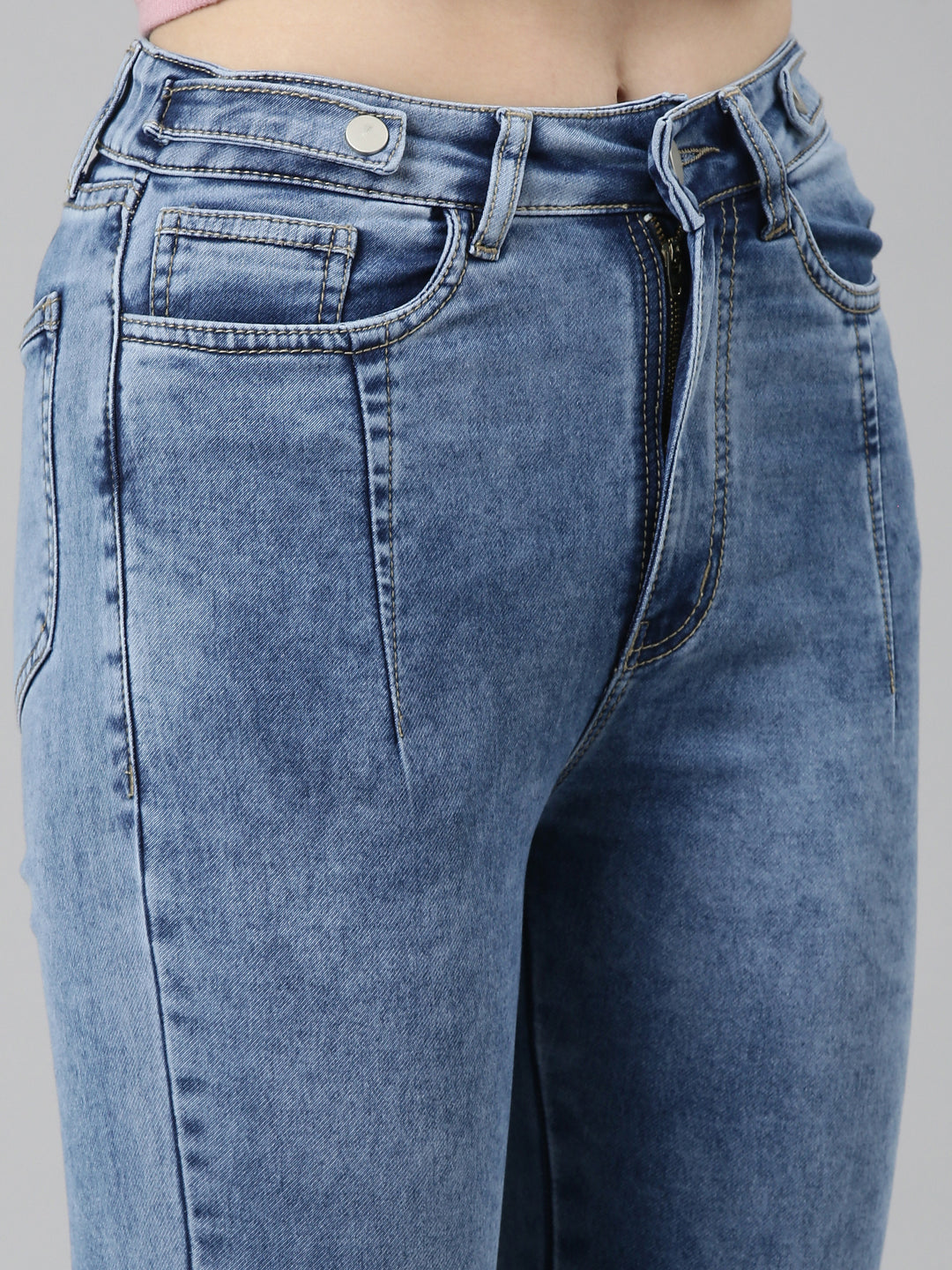 Women's Blue Mid Rise Slim Fit Cuffed Hem Denim Jeans