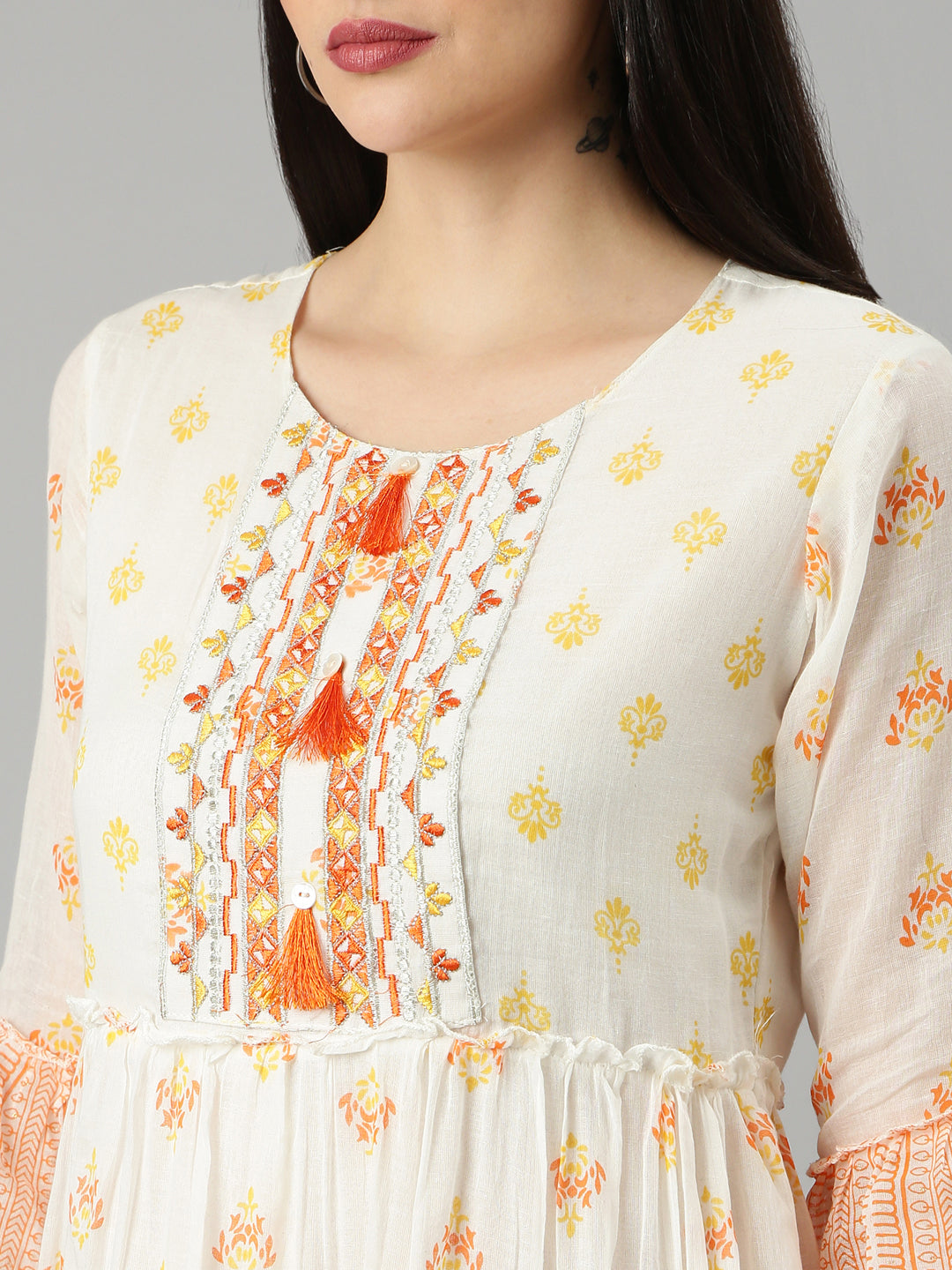 Women's Off White Floral Printed Bell Sleeve Fit and Flare Dress