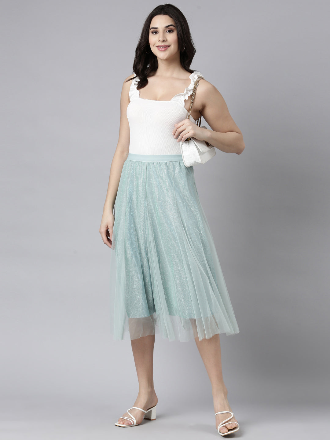 Women's Sea Green Flared Sheer Midi Skirt