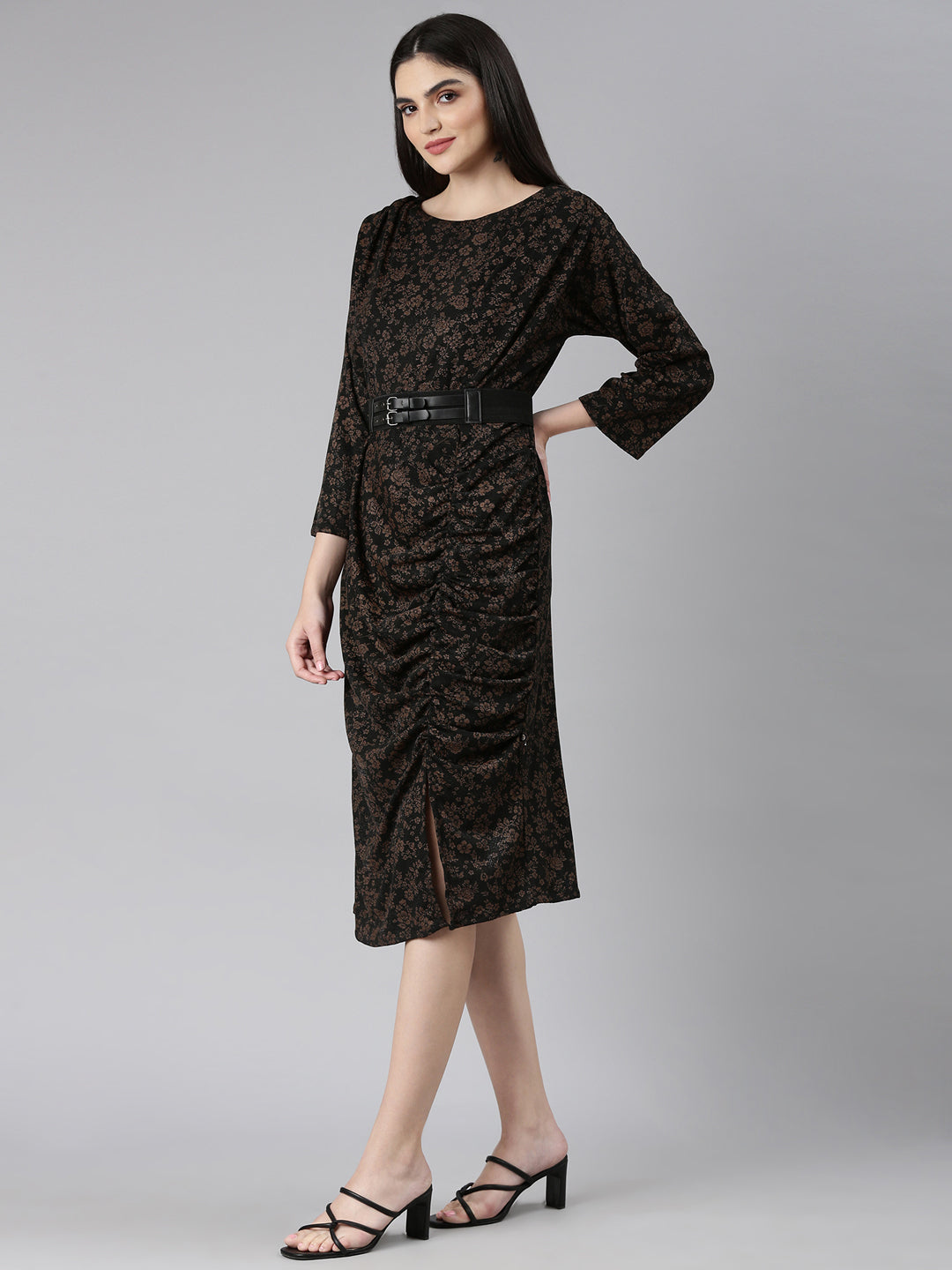 Women's Black Floral Printed A-Line Midi Dress