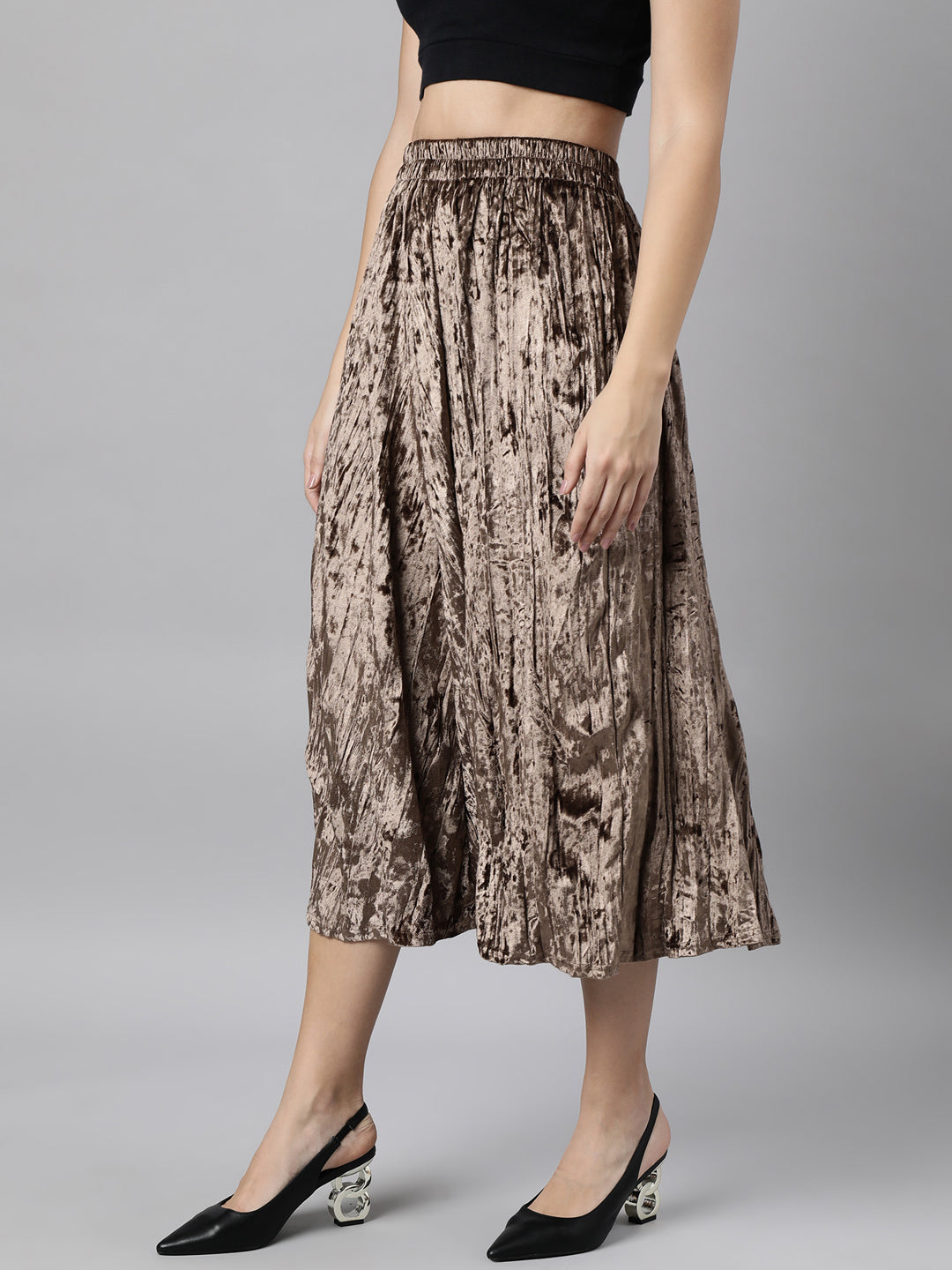 Women's Beige Crushed Design Flared Midi Skirt