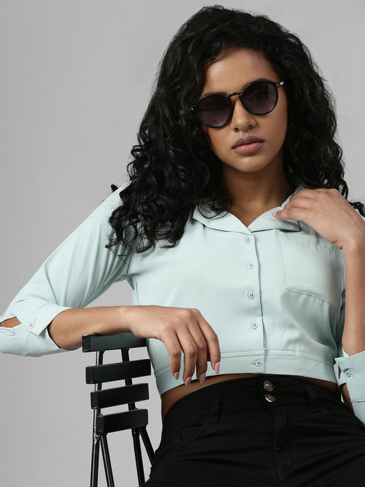 Women's Sea Green Spread Collar Blouson Crop Top