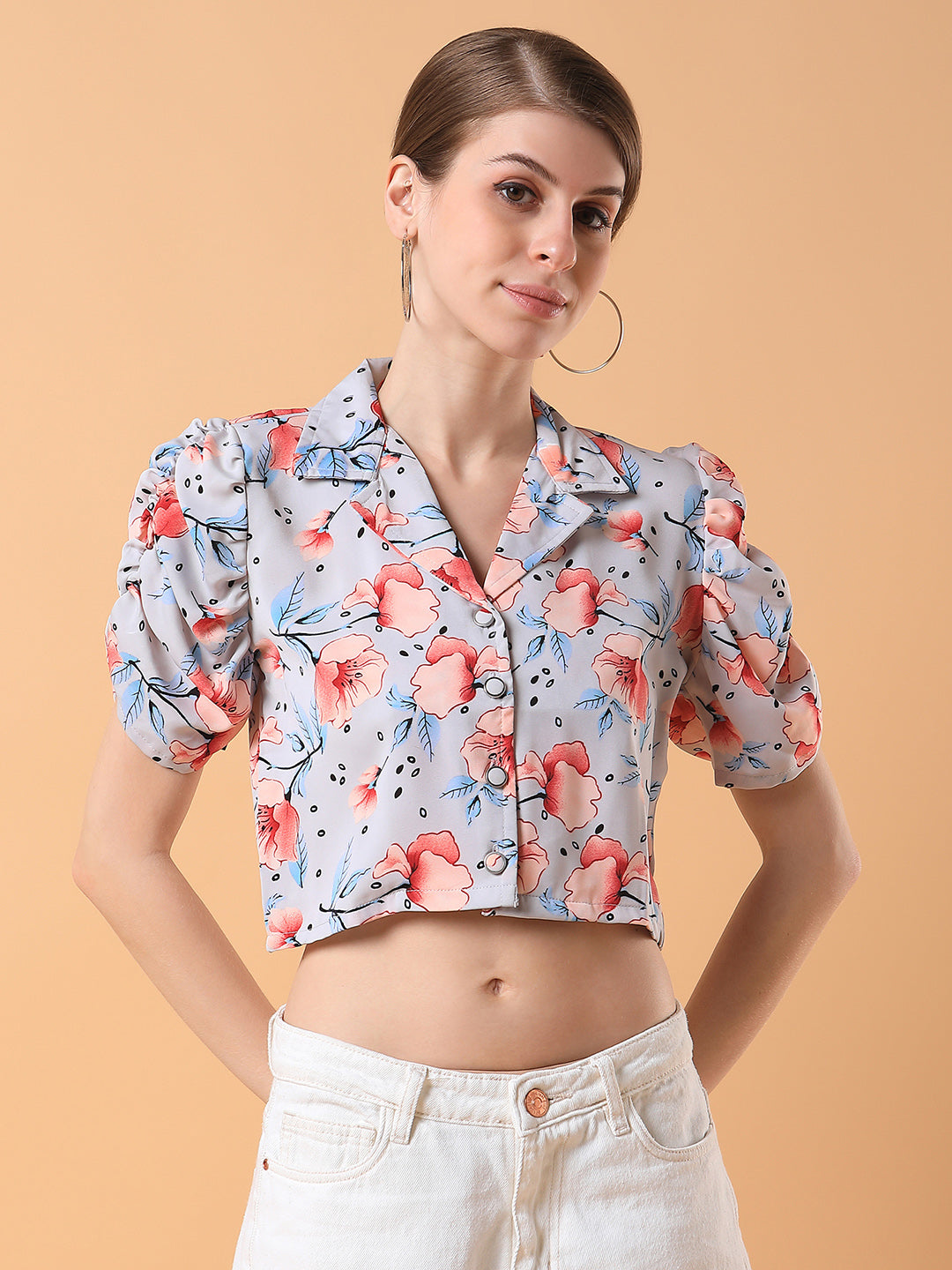 Women's Grey Lapel Collar Cotton Top