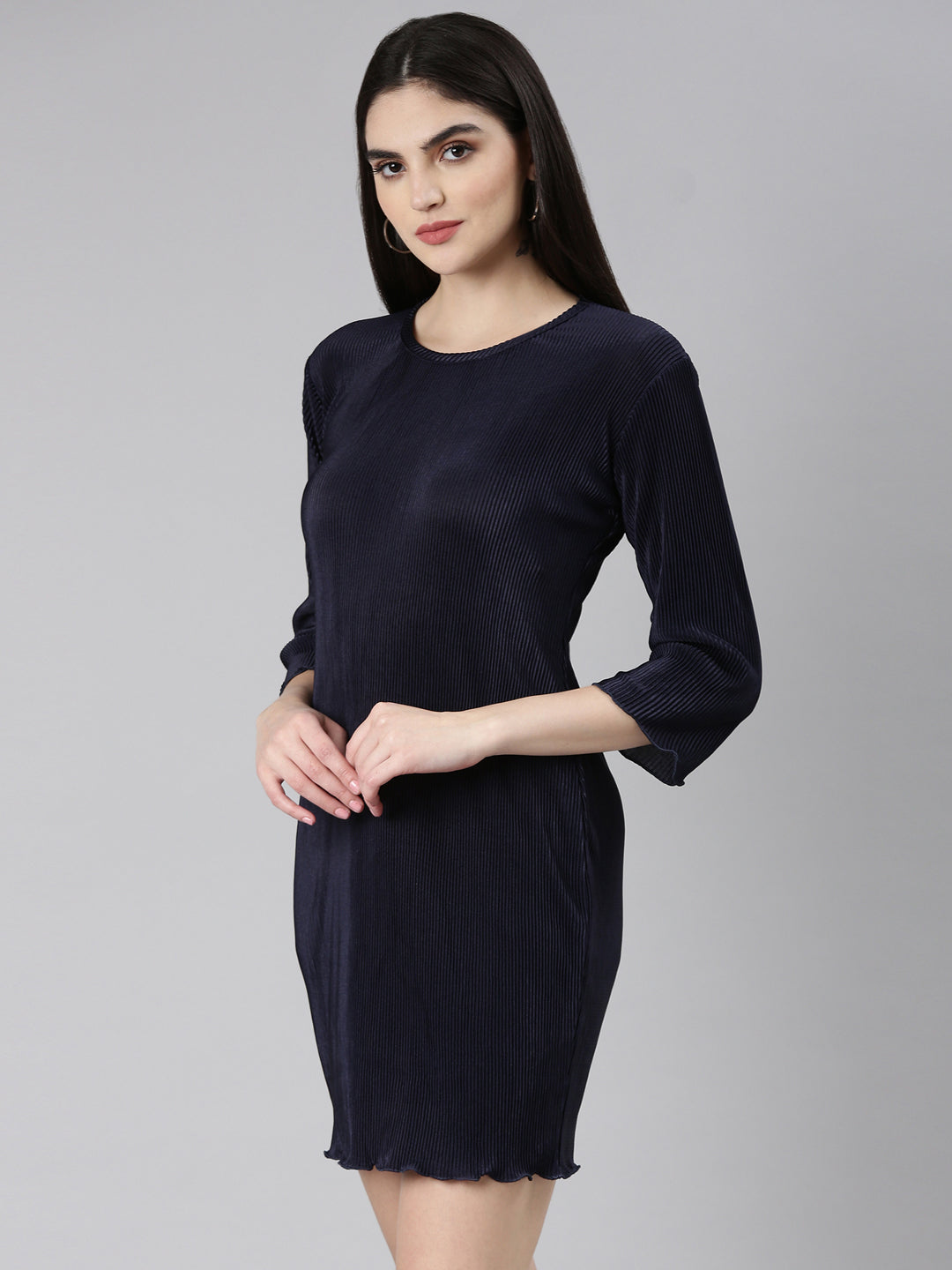 Women's Navy Blue Above Knee Bodycon Satin Dress