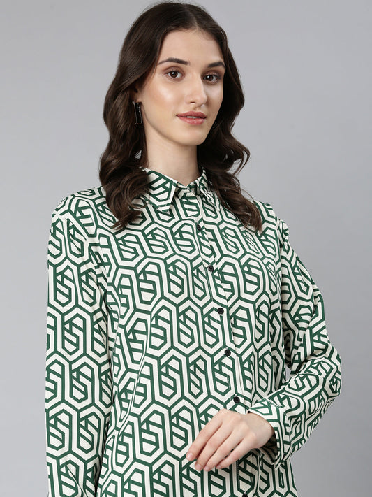 Women's Cream Geometric Printed Shirt Collar Georgette Mini Shirt Dress