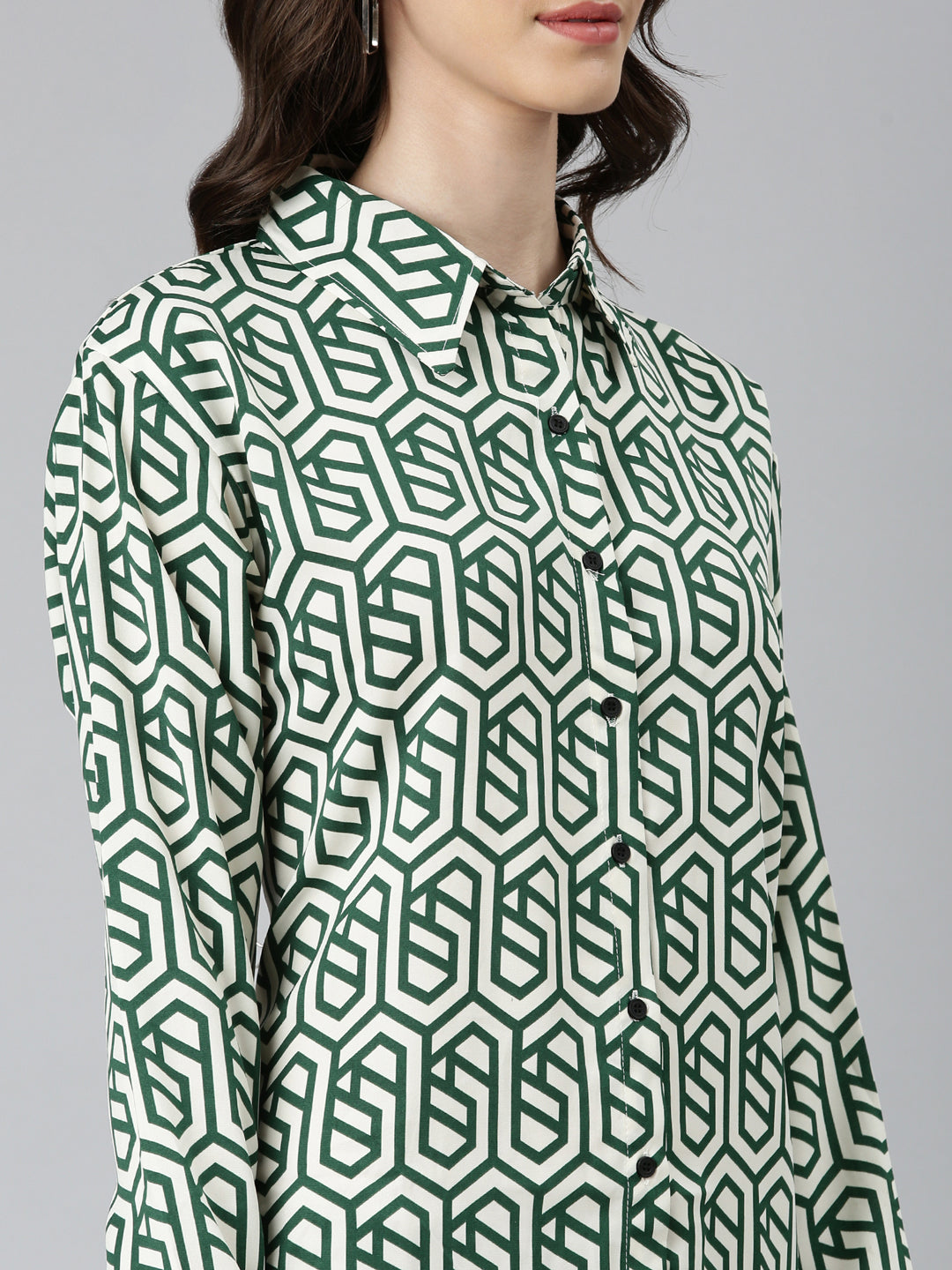 Women's Cream Geometric Printed Shirt Collar Georgette Mini Shirt Dress