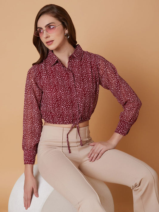 Women's Maroon Abstract Printed Shirt Collar Synthetic Georgette Top