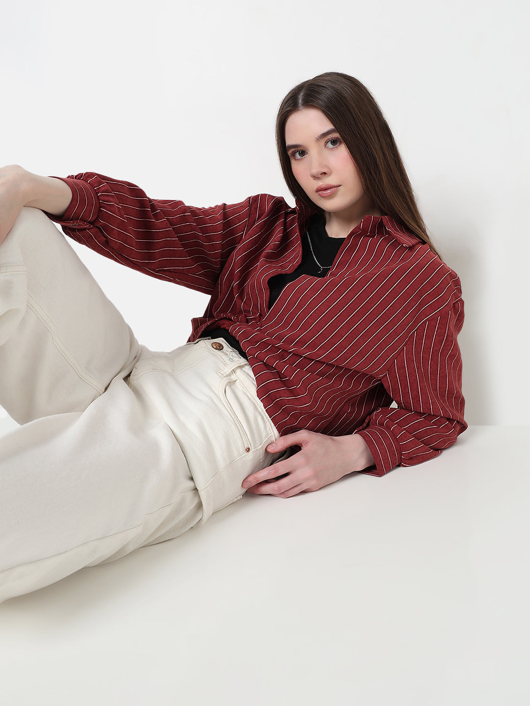 Women's Striped Maroon Shirt Collar Crop Top with Inner Tank Top & Neck Chain