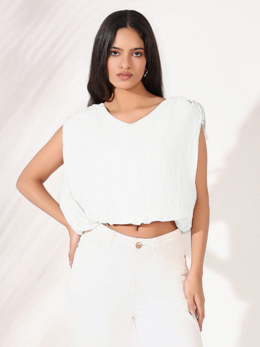 Women's Solid White V-Neck Blouson Crop Top