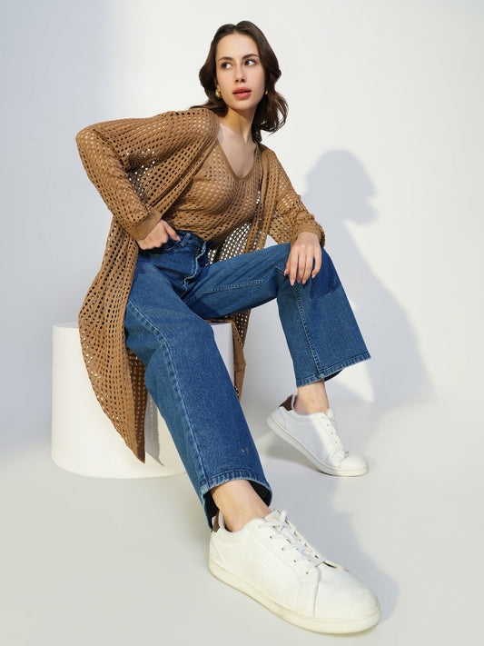 Women's Brown Self Design Crochet Crop Top