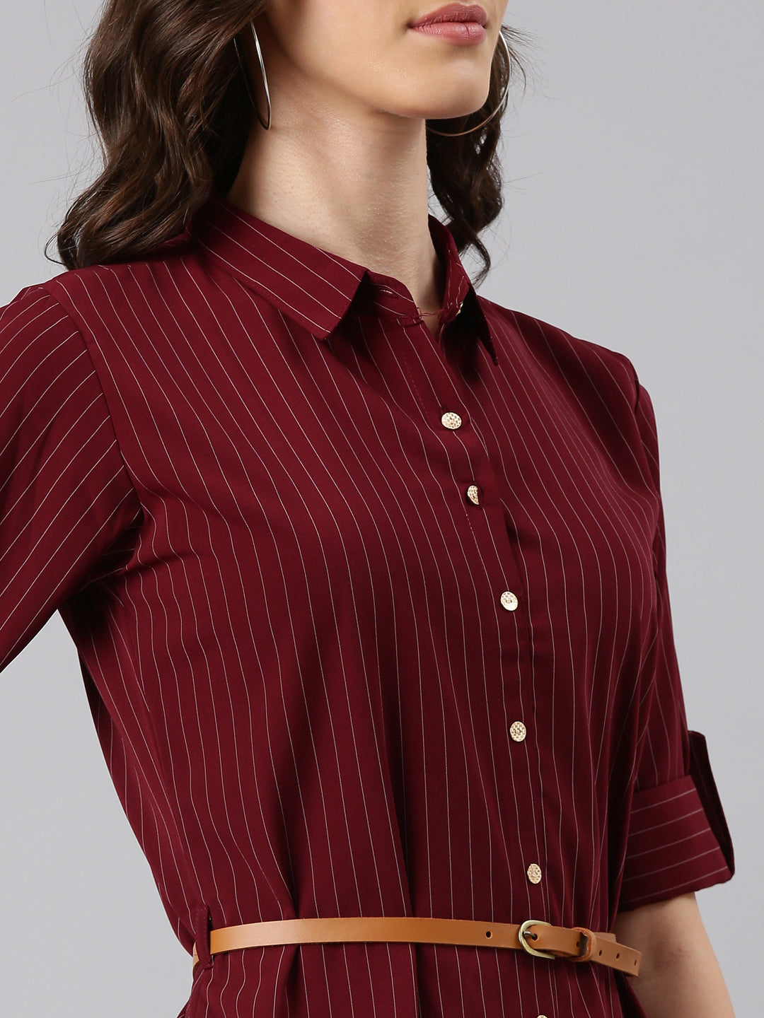 Women's Maroon Striped Shirt Midi Dress