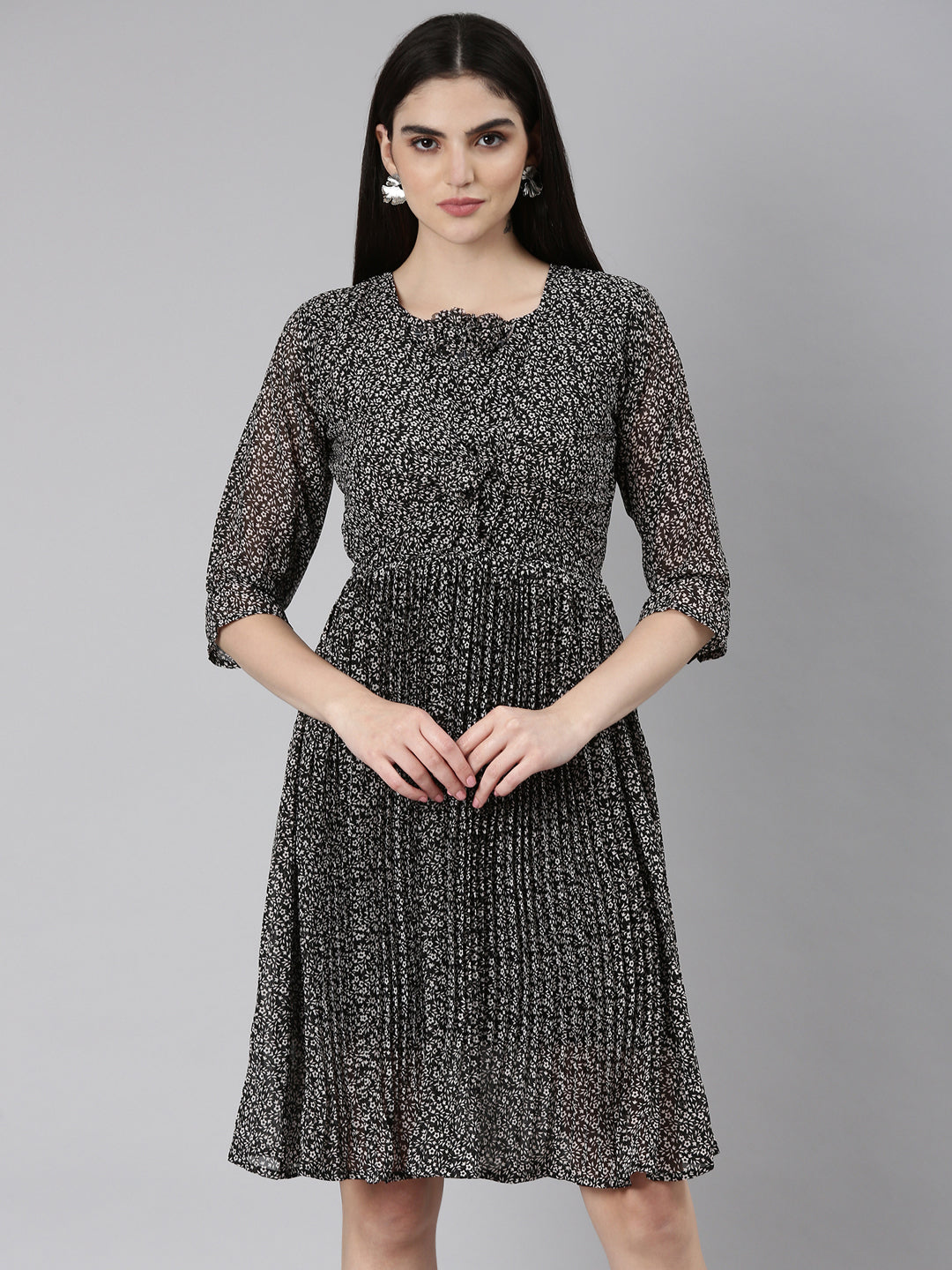 Women's Black Floral Printed Accordion Pleated Ruffled Georgette Fit & Flare Dress