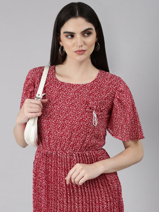 Women's Maroon Floral Printed Flared Sleeves Georgette Fit & Flare Dress