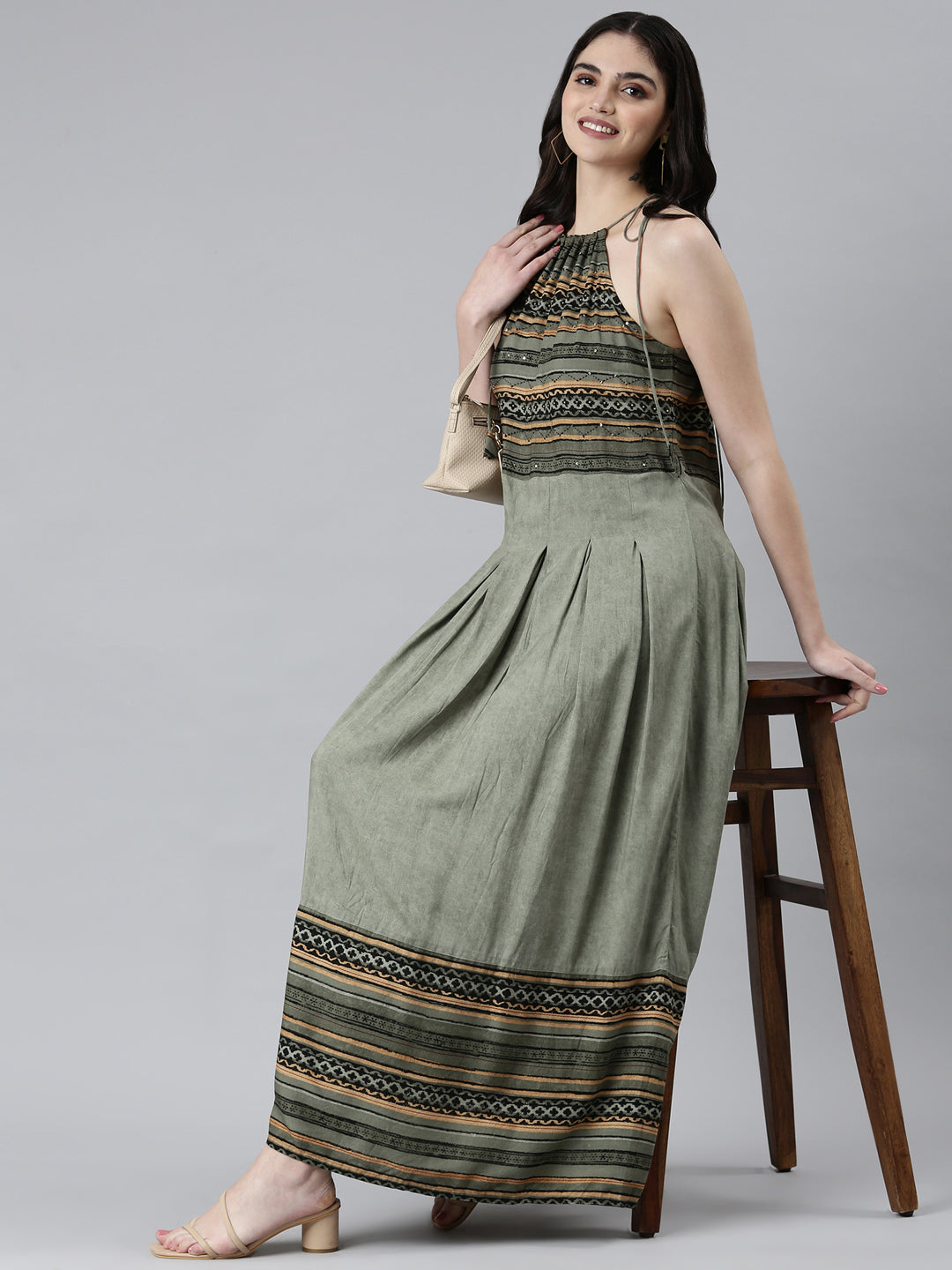 Women's Green Tribal Printed Halter Neck Pleated Fit & Flare Dress
