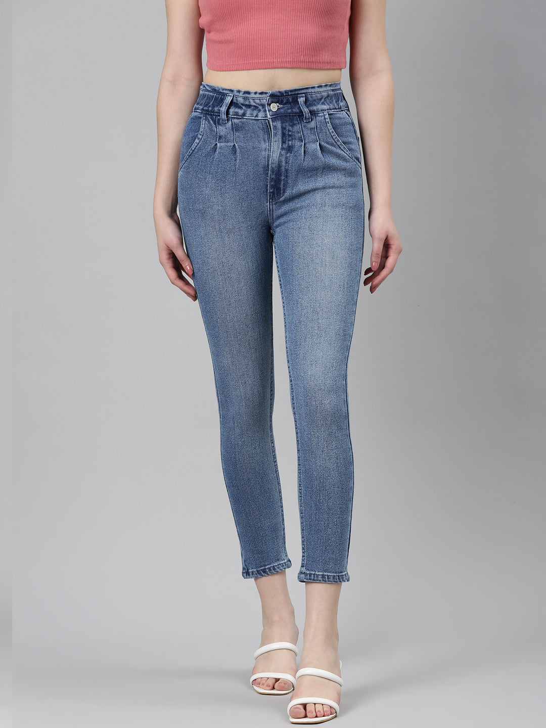 Women's Blue Mid Rise Slim Fit Light Fade Denim Jeans