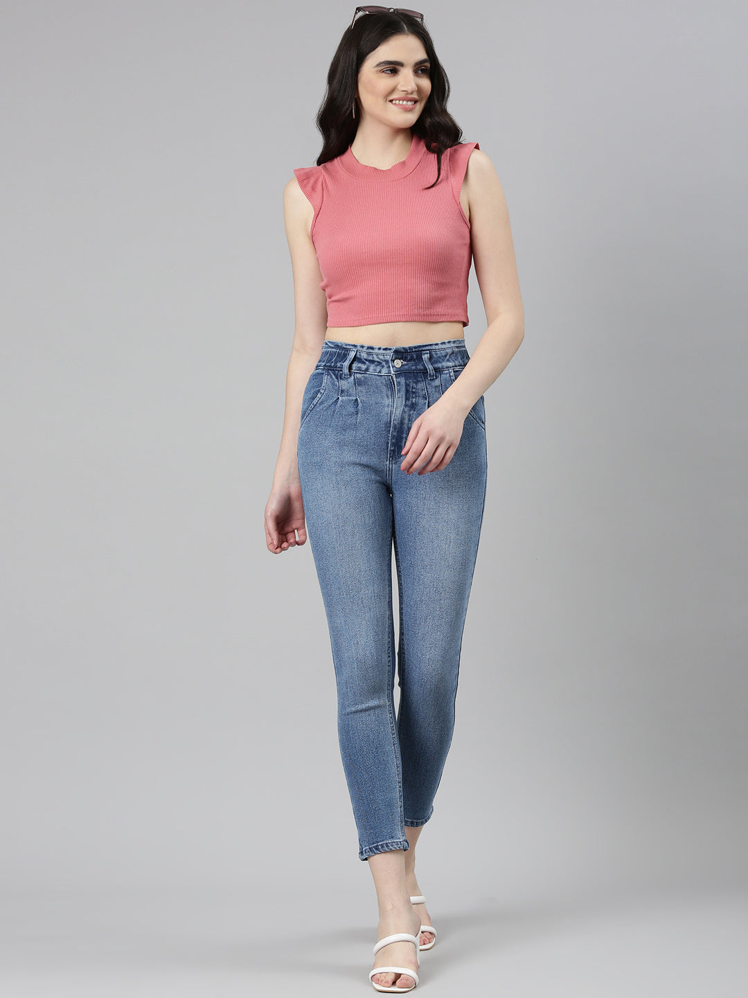 Women's Blue Mid Rise Slim Fit Light Fade Denim Jeans