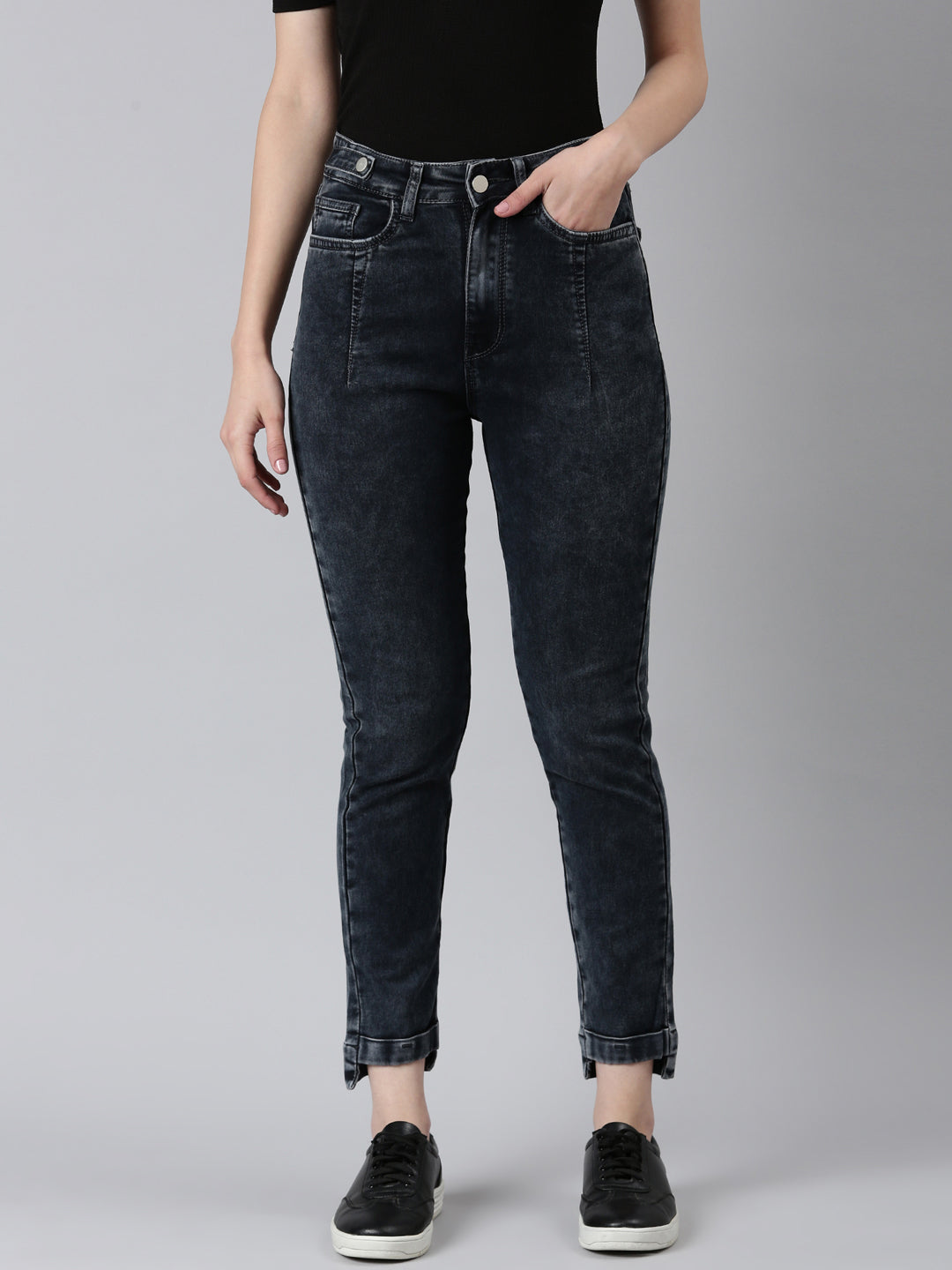Women's Grey Jean Slim Fit Acid Wash High-Rise Denim Jeans