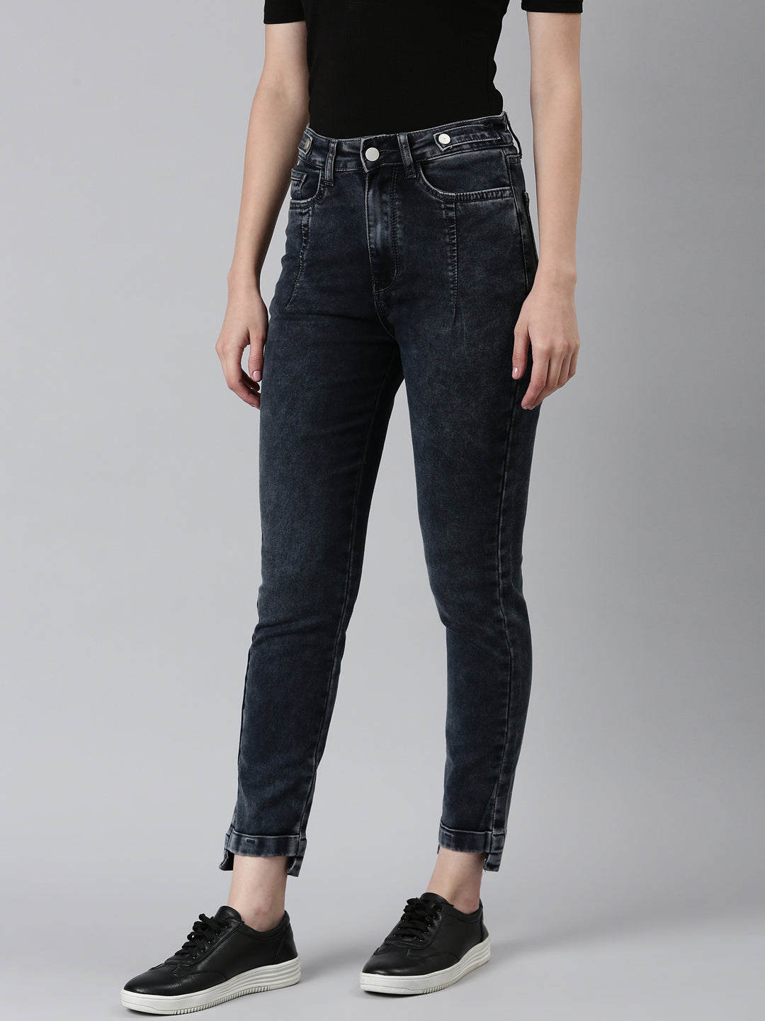 Women's Grey Jean Slim Fit Acid Wash High-Rise Denim Jeans
