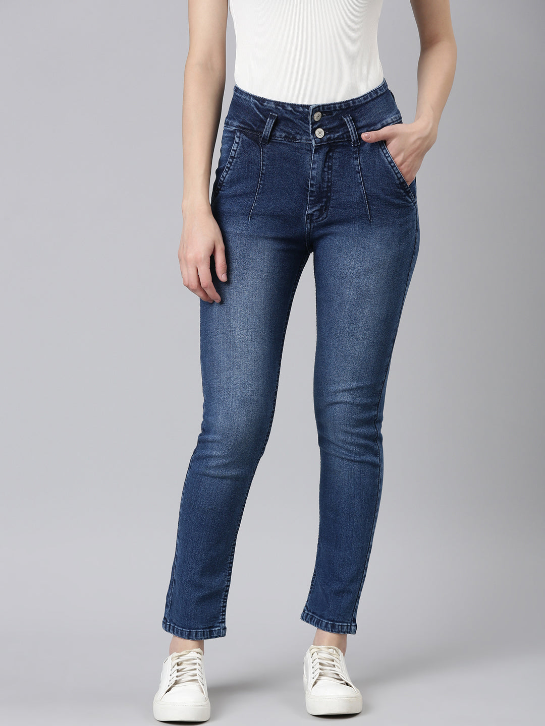 Women's Blue Slim Fit High Rise Light Fade Acid Wash Denim Jeans