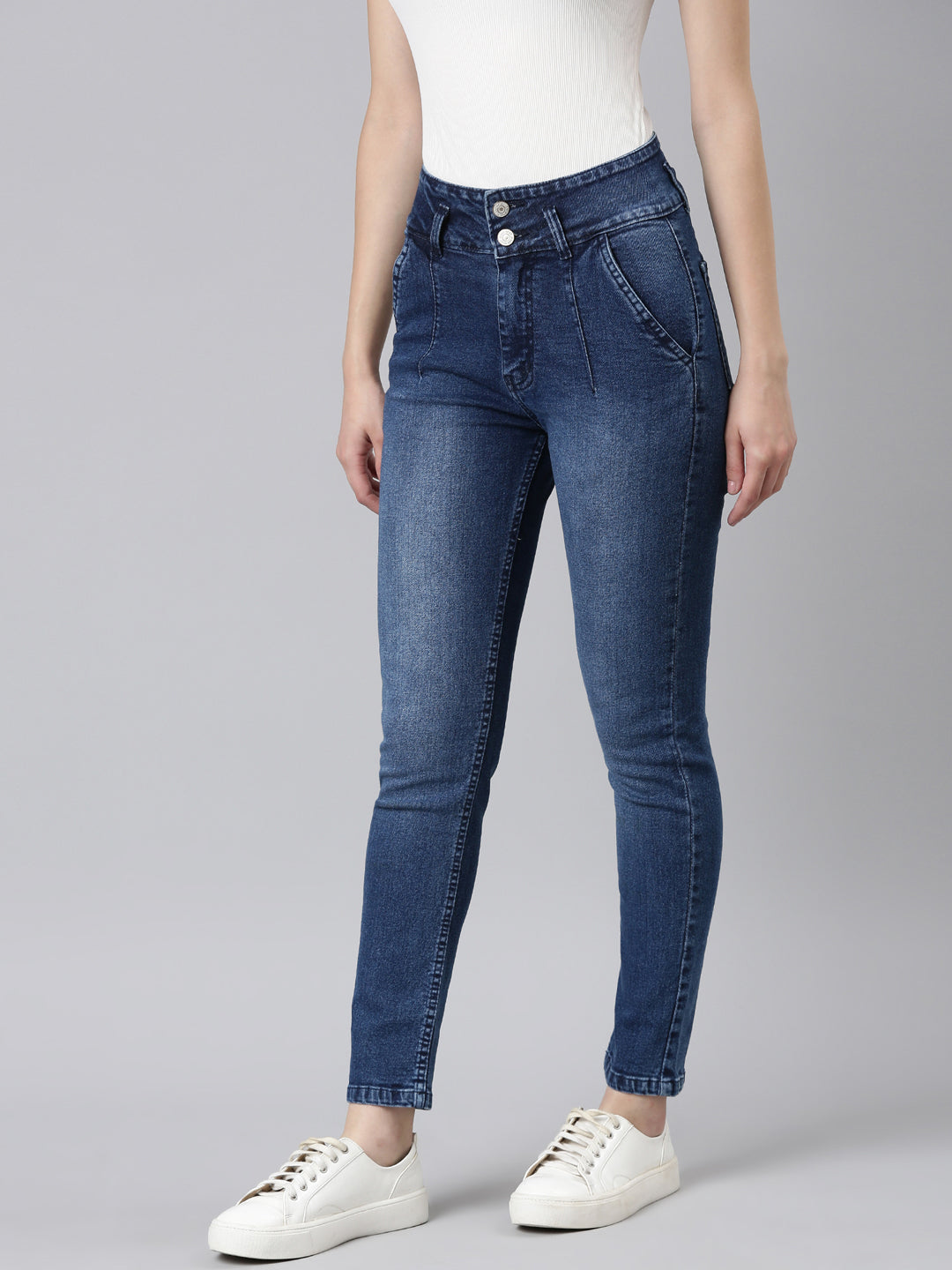 Women's Blue Slim Fit High Rise Light Fade Acid Wash Denim Jeans
