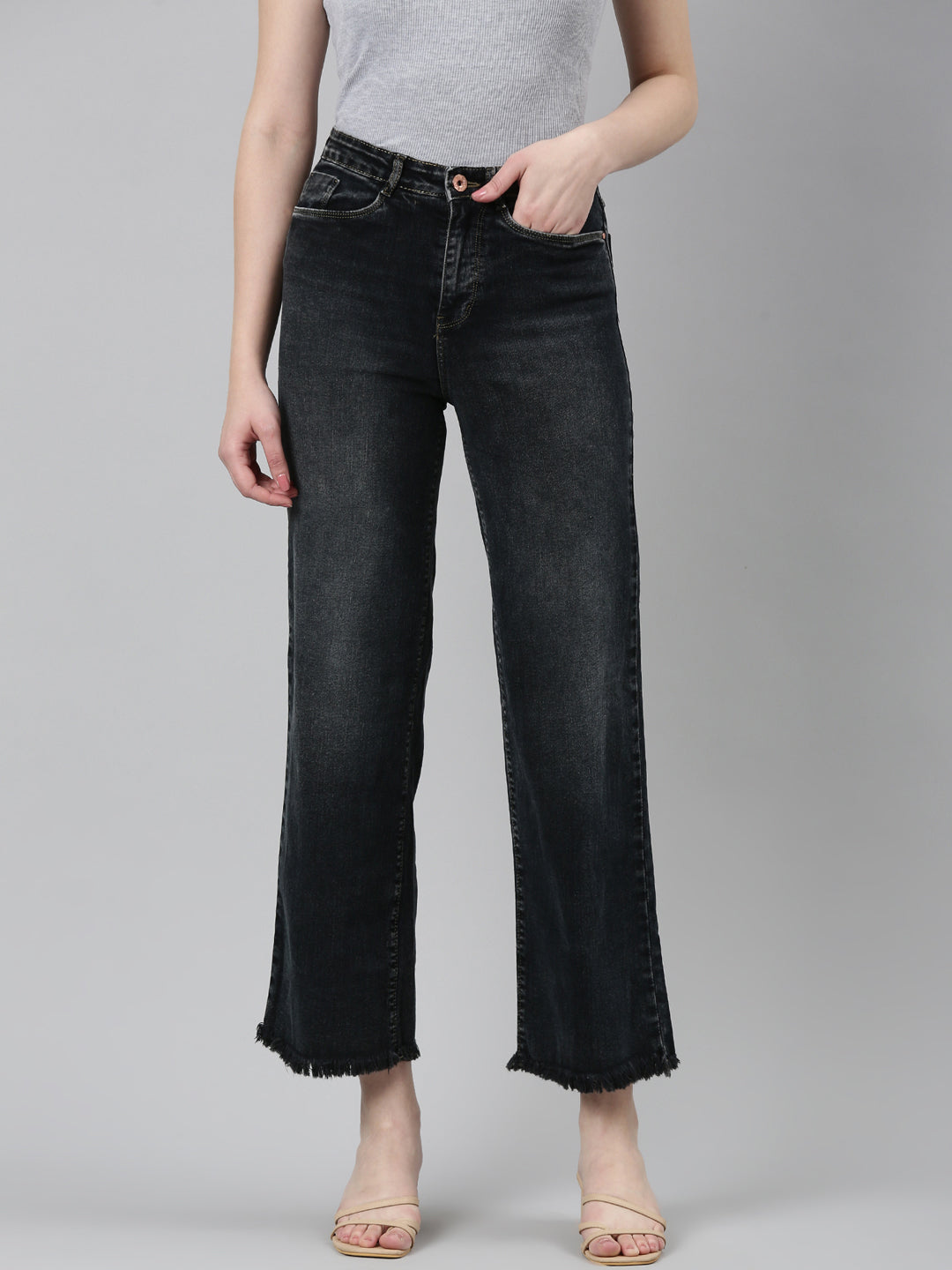Women's Dark Grey High Rise Jean Mom Fit Light Fade Denim Jeans