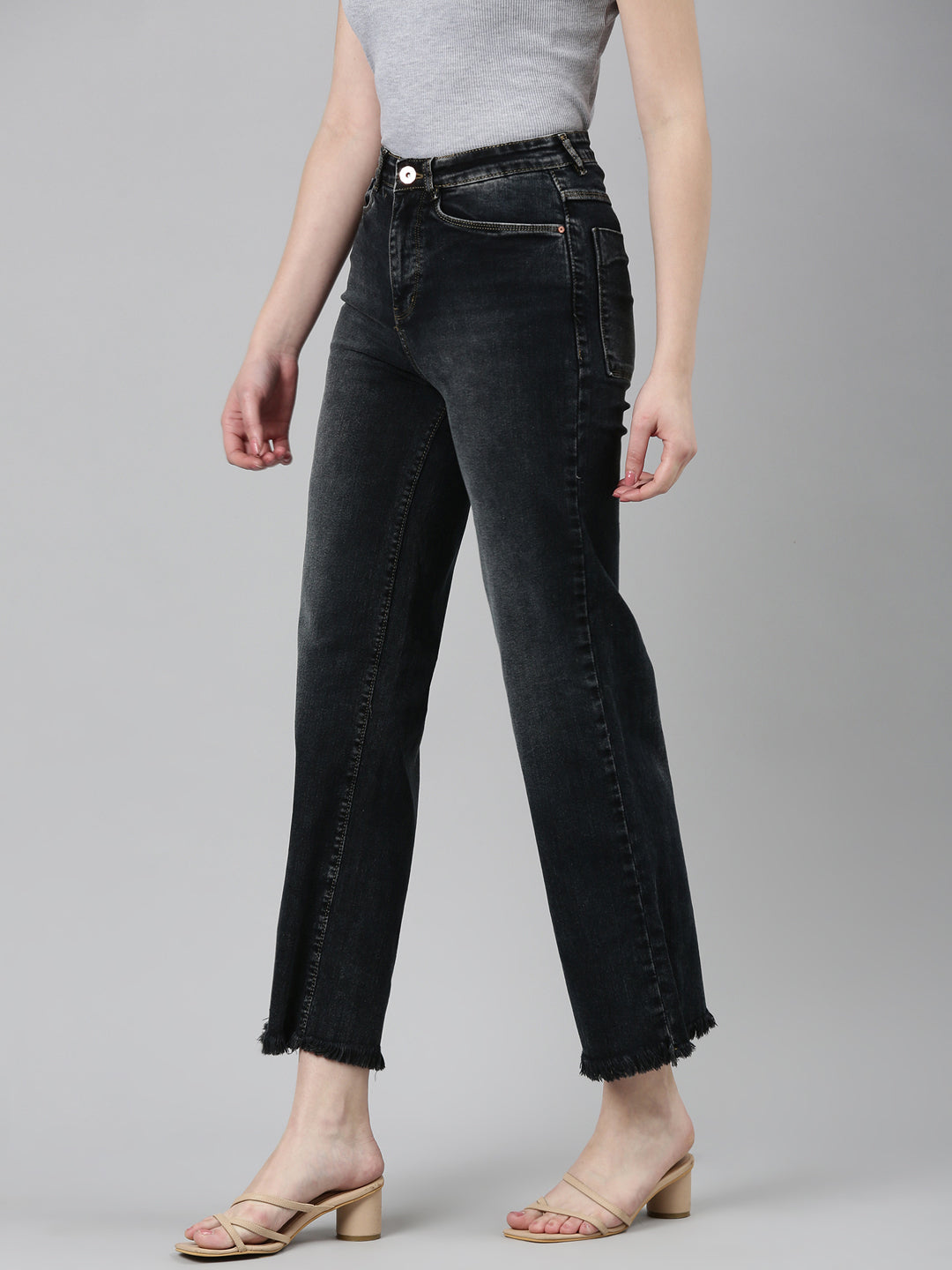 Women's Dark Grey High Rise Jean Mom Fit Light Fade Denim Jeans