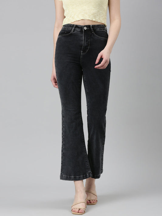 Women's Black Flared Fit High-Raise Denim Jeans