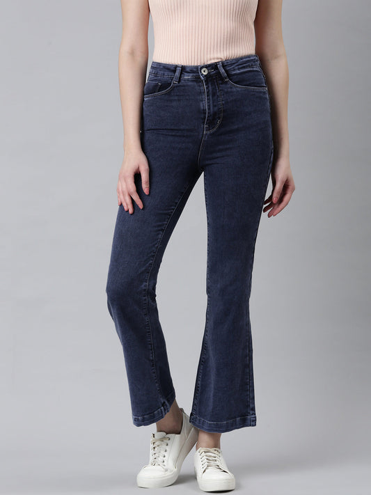Women's Navy Blue Mid Rise Flared Clean Look Denim Jeans