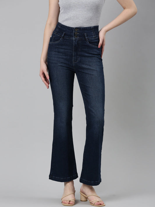 Women's Navy Blue Flared Light Fade Denim Jeans