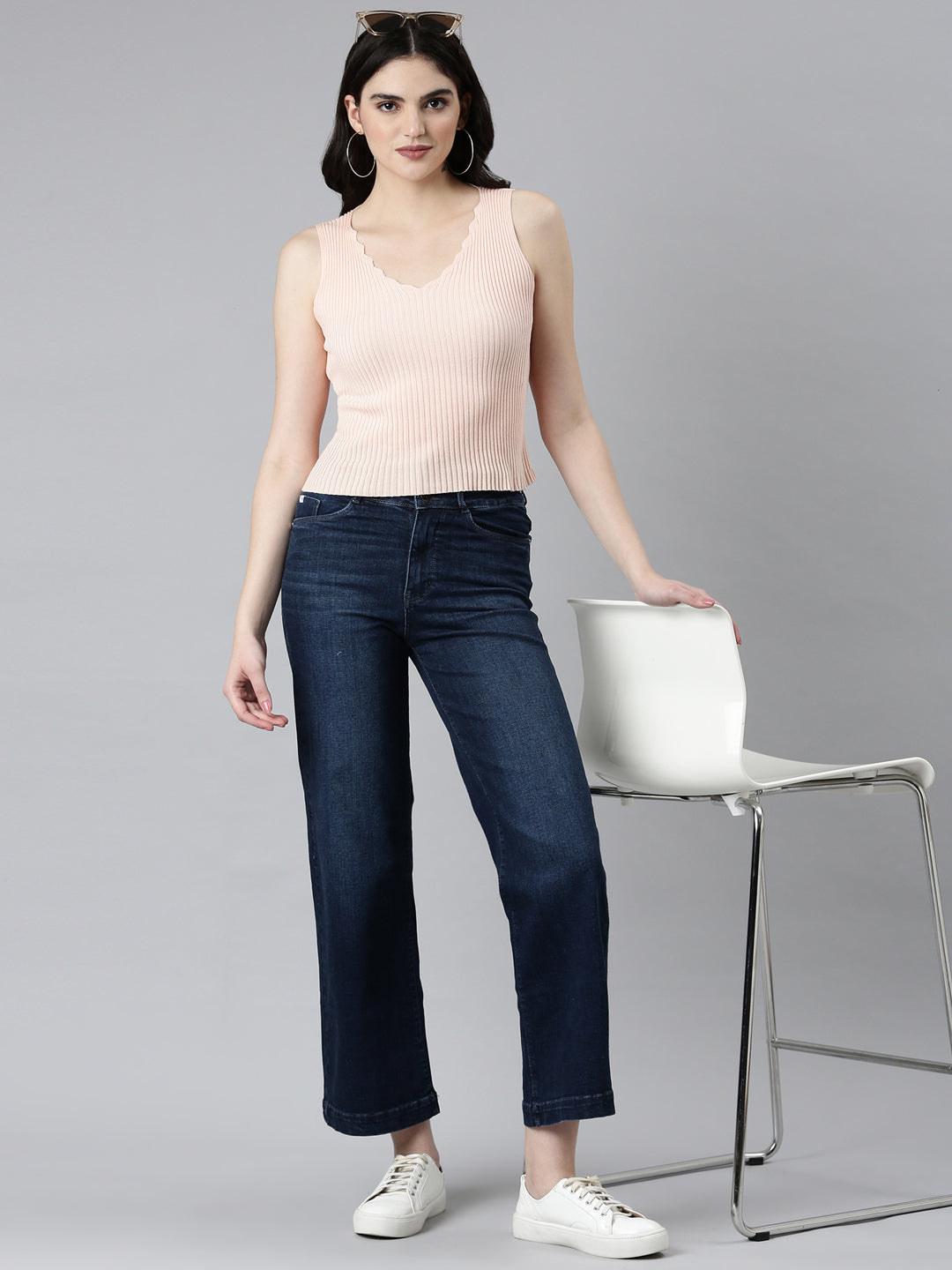 Women's Navy Blue Straight Fit Light Fade Acid Wash Denim Jeans
