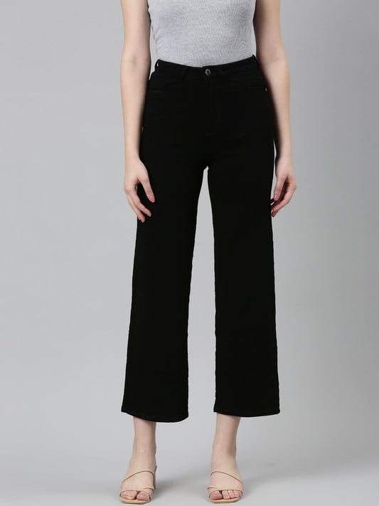 Women's Black Jean Acid Wash Wide Leg Mid-Rise Denim Jeans