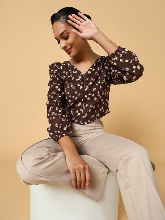 Women's Brown Floral Printed Crop Top