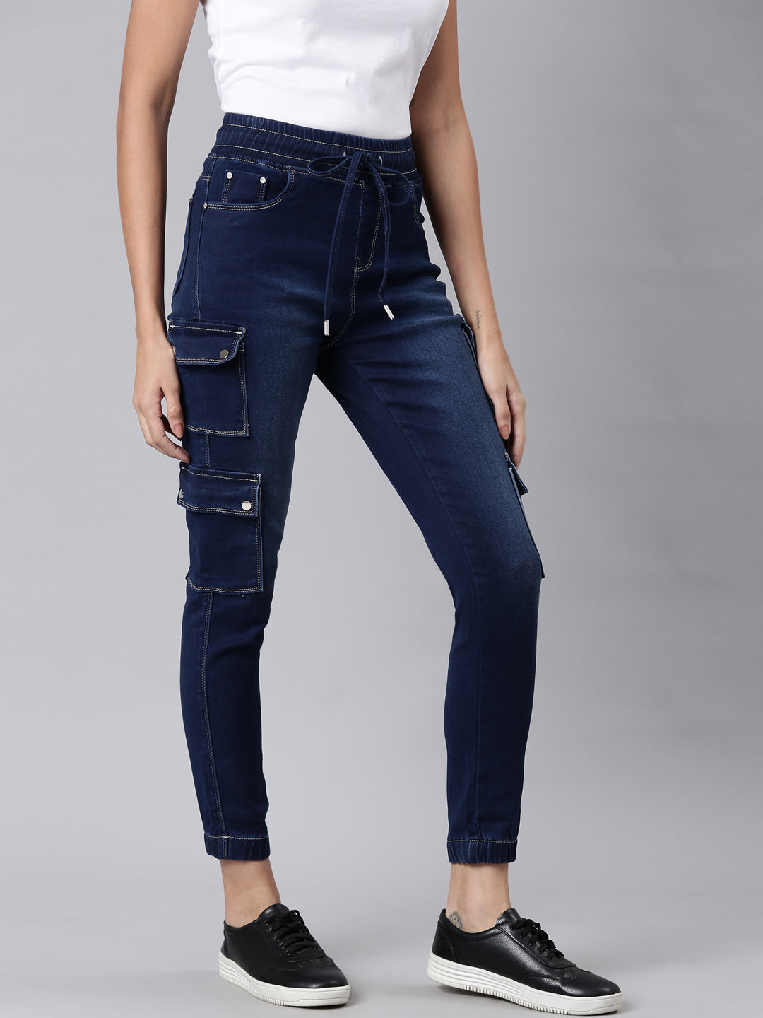 Women's Navy Blue Jogger Mid-Rise Light Fade Acid Wash Denim Jeans