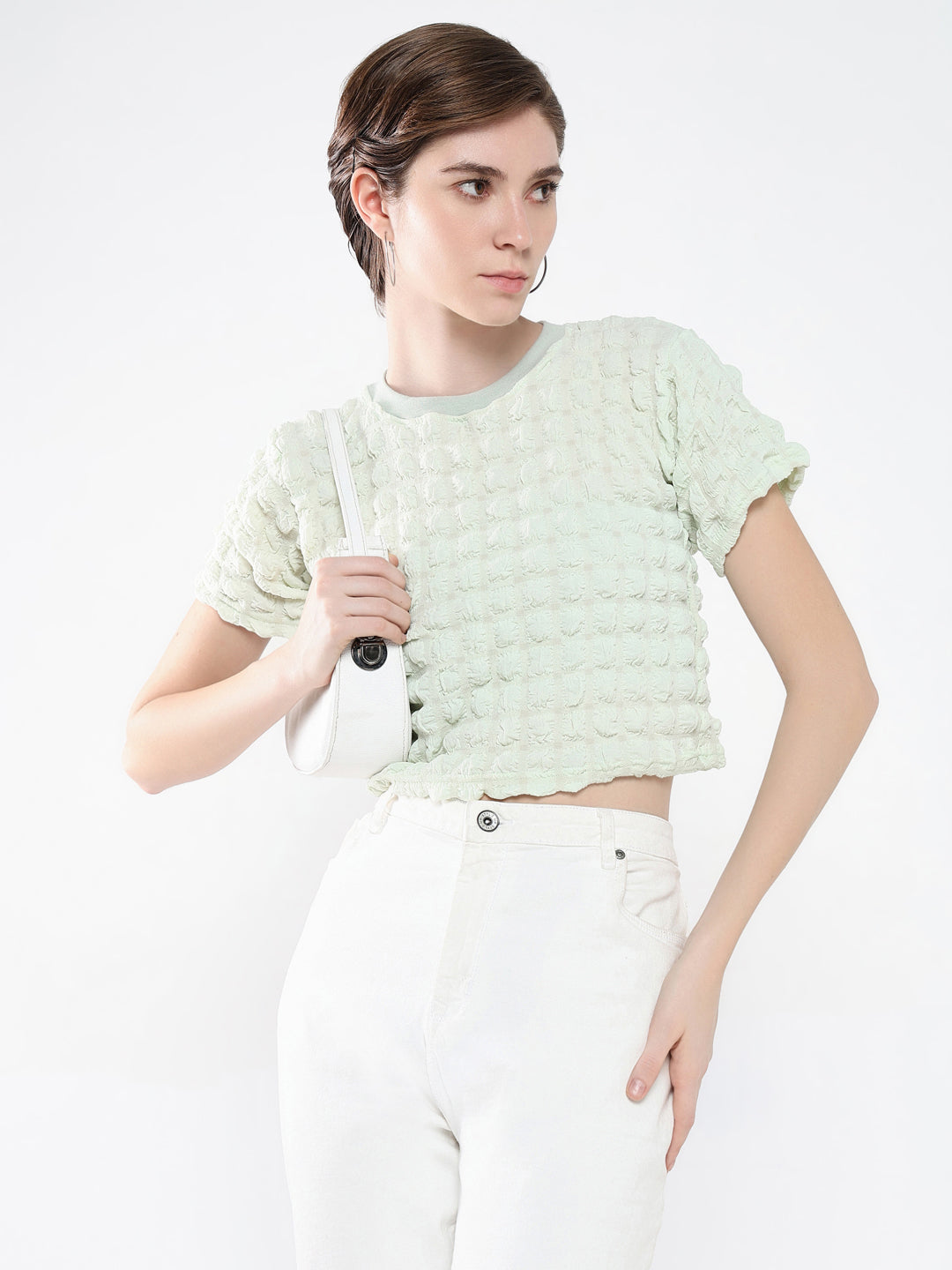 Women's Green Self Design Round Neck Acrylic Top