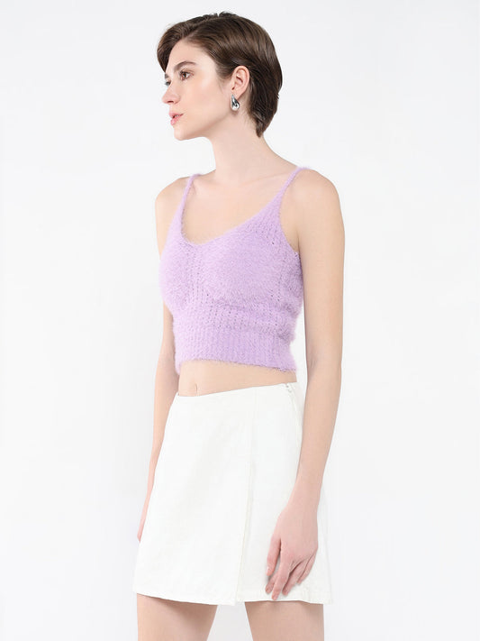 Women's Purple Self Design Shoulder Straps Acrylic Top