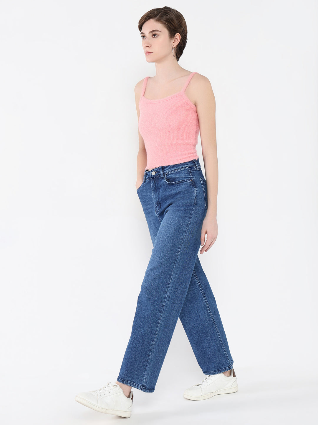 Women's Pink Solid Shoulder Straps Acrylic Top