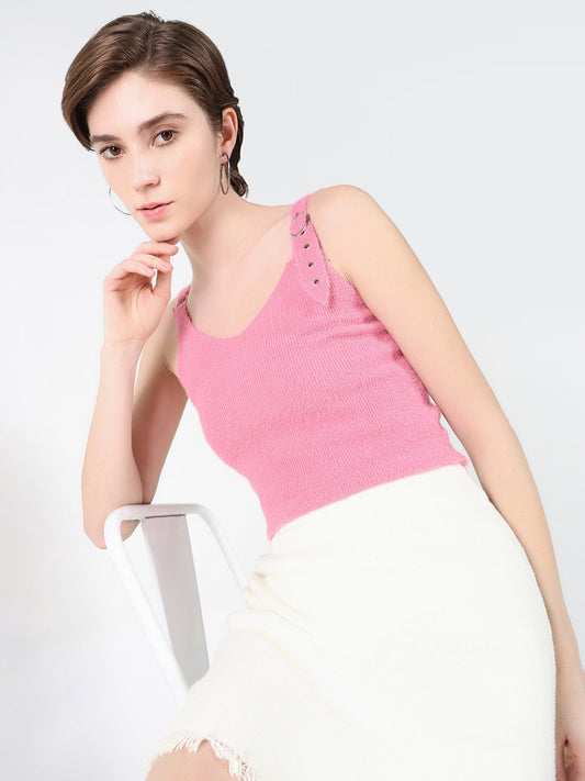 Women's Pink Self Design Scoop Neck Acrylic Top