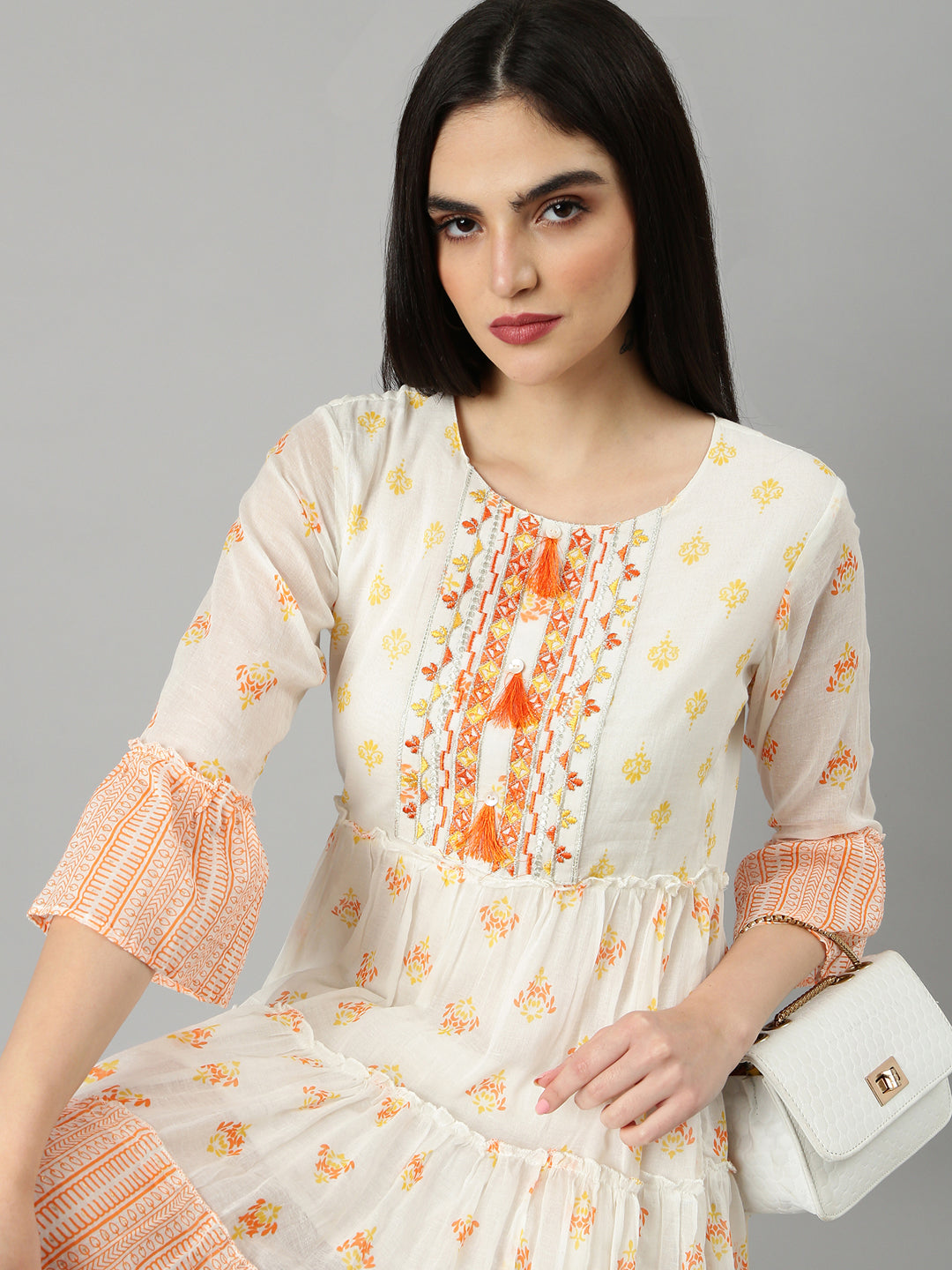Women's Off White Floral Printed Bell Sleeve Fit and Flare Dress