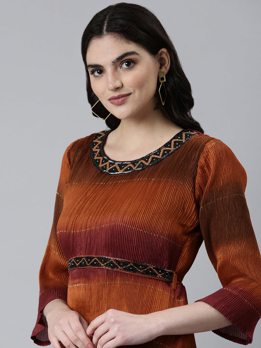 Women's Brown Colour blocked Embellished Accordion Pleated Georgette Fit & Flare Dress With Belt