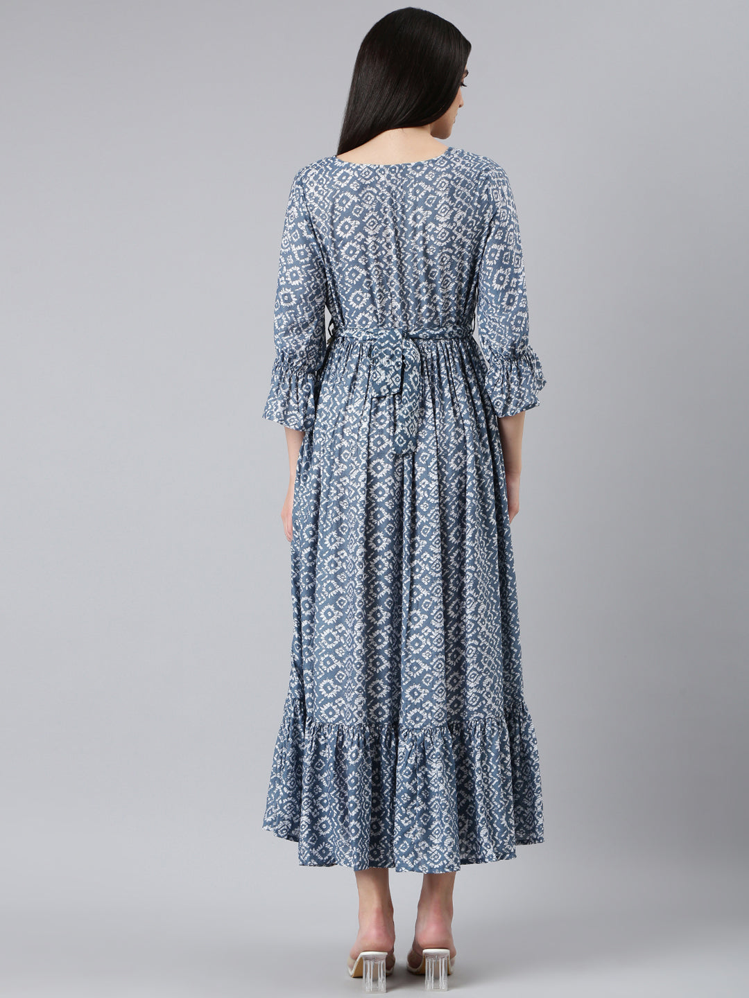 Women's Grey Ethnic Motifs Printed Cotton Fit & Flare Dress